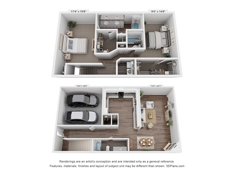 Floor plan for 2 beds, 2.5 baths, 1486 sqft